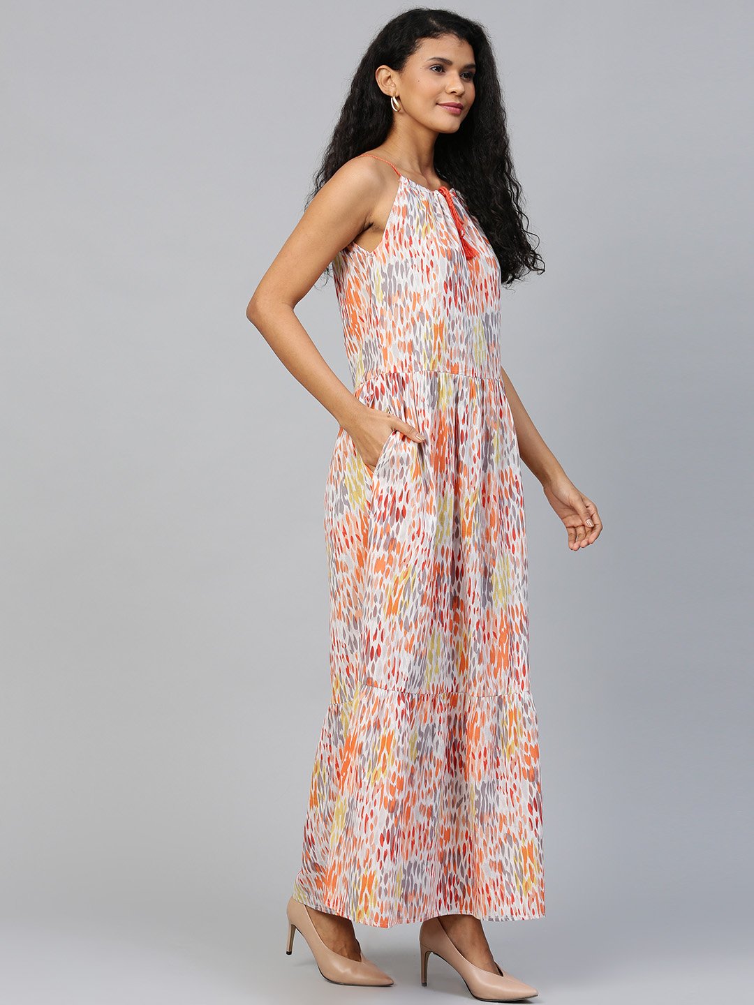 Women's Multi Abstract Printed Halter Neck Cotton A-Line Dress