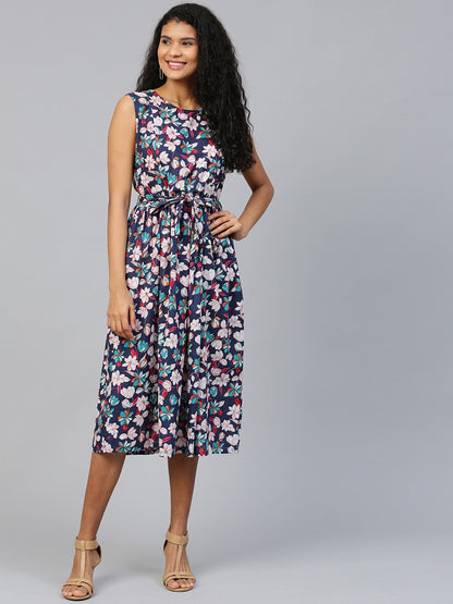 Women's Black Floral Printed Round Neck Cotton A-Line Dress