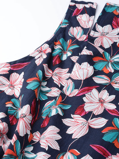 Women's Black Floral Printed Round Neck Cotton A-Line Dress