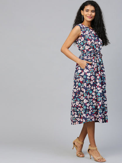 Women's Black Floral Printed Round Neck Cotton A-Line Dress