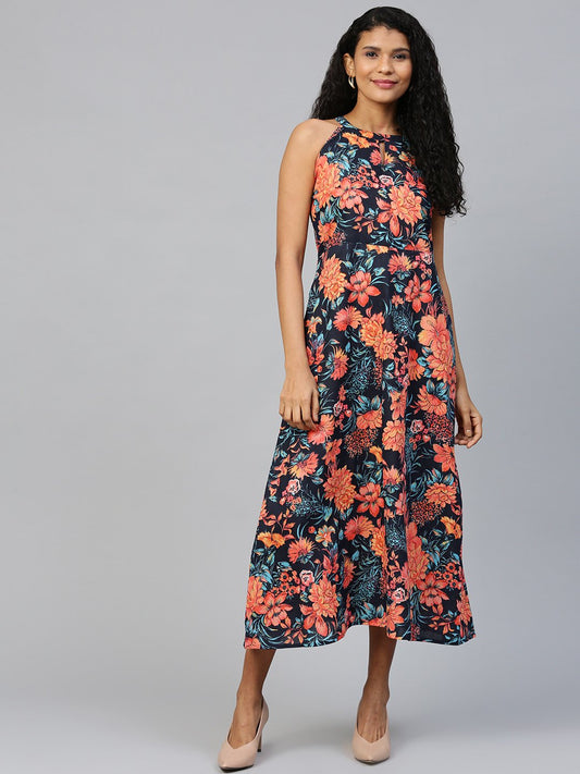 Women's Black Floral Printed Halter Neck Cotton A-Line Dress