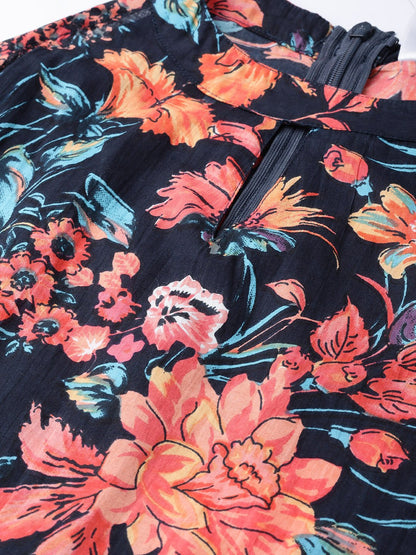 Women's Black Floral Printed Halter Neck Cotton A-Line Dress