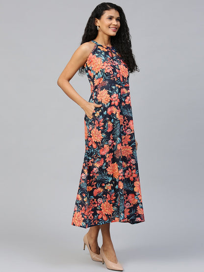 Women's Black Floral Printed Halter Neck Cotton A-Line Dress