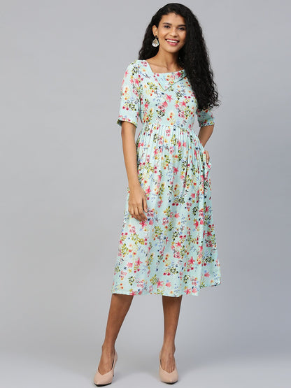Women's Blue Floral Printed Square Neck Viscose Rayon Fit And Flare Dress