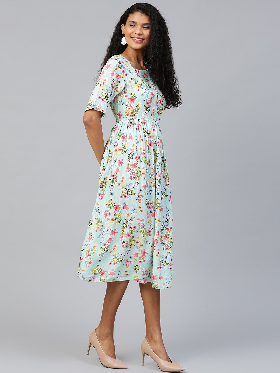 Women's Blue Floral Printed Square Neck Viscose Rayon Fit And Flare Dress