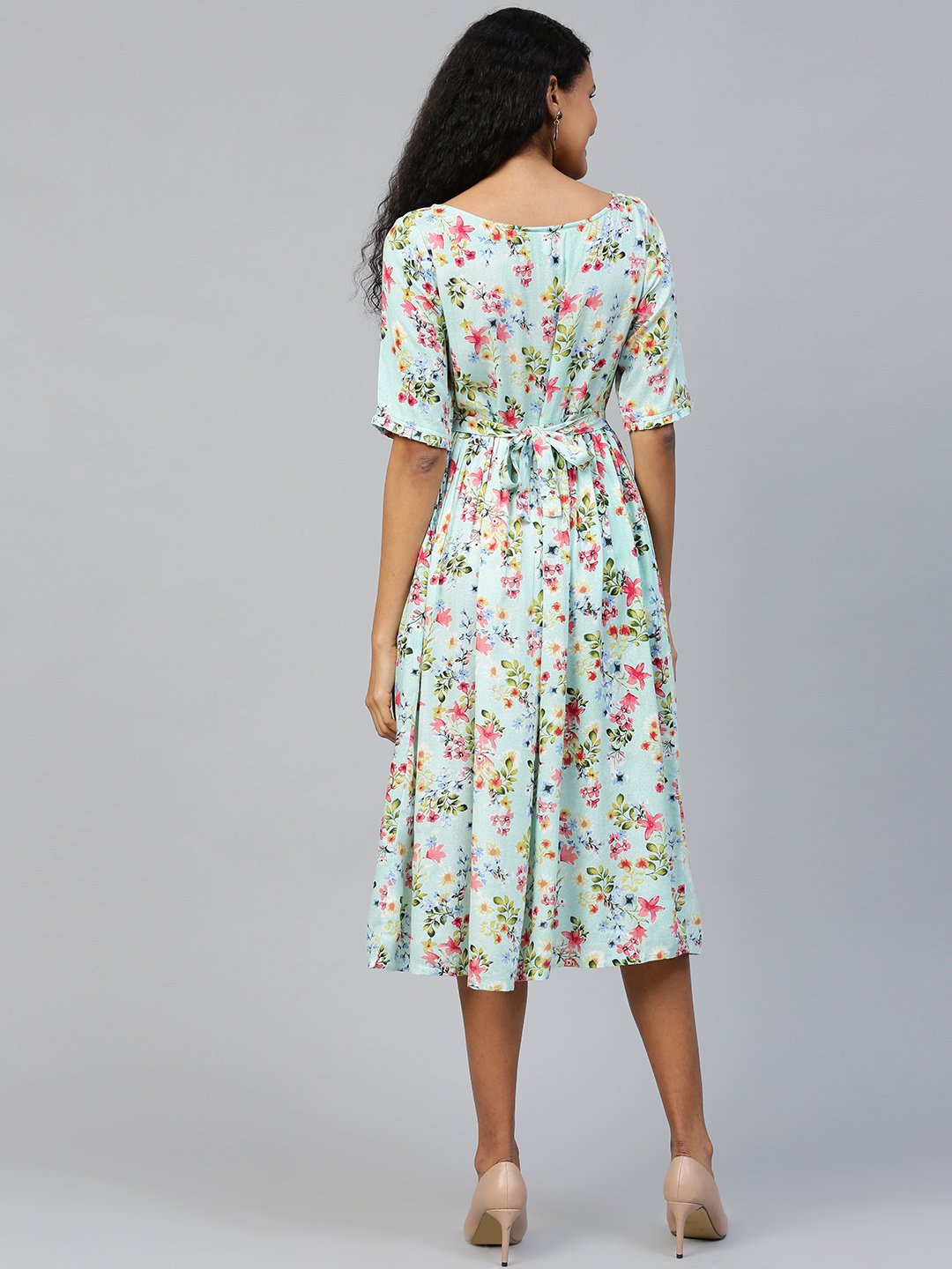 Women's Blue Floral Printed Square Neck Viscose Rayon Fit And Flare Dress