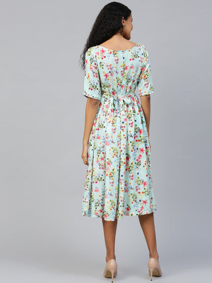 Women's Blue Floral Printed Square Neck Viscose Rayon Fit And Flare Dress