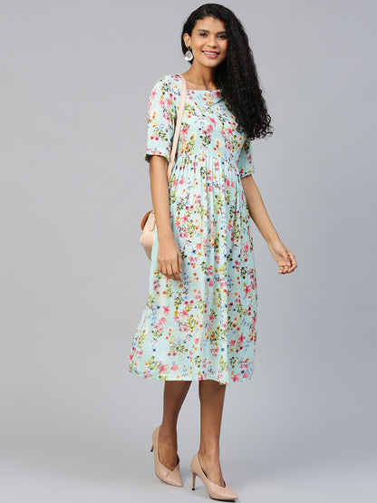 Women's Blue Floral Printed Square Neck Viscose Rayon Fit And Flare Dress