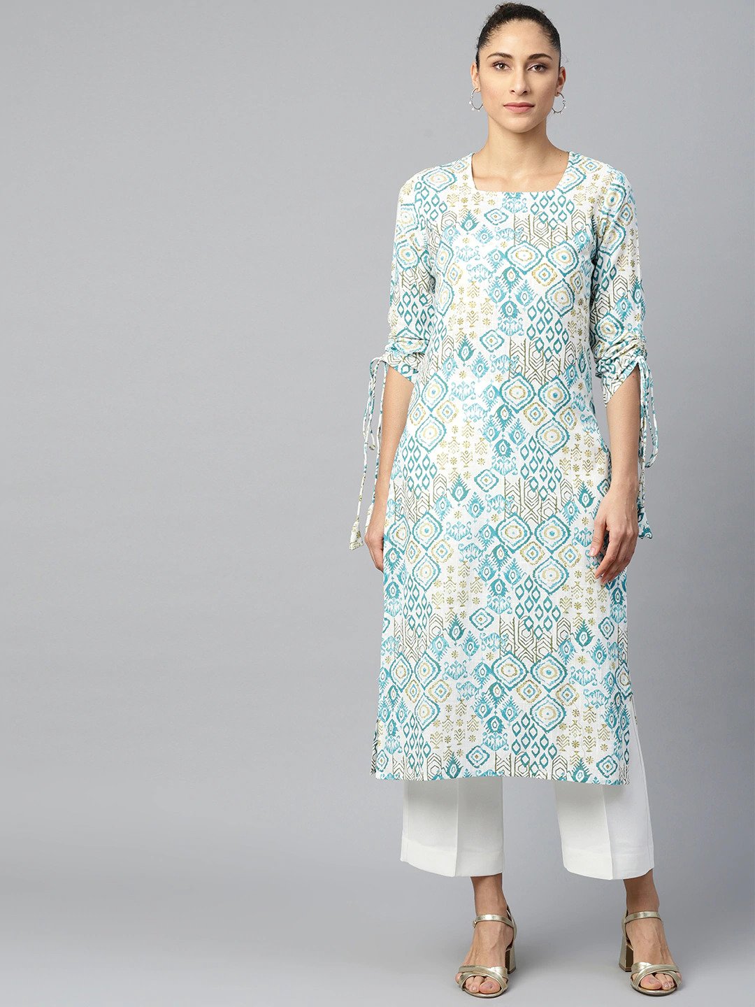 Women's White Calf Length Long Sleeves A-Line Quirky Printed Cotton Kurta