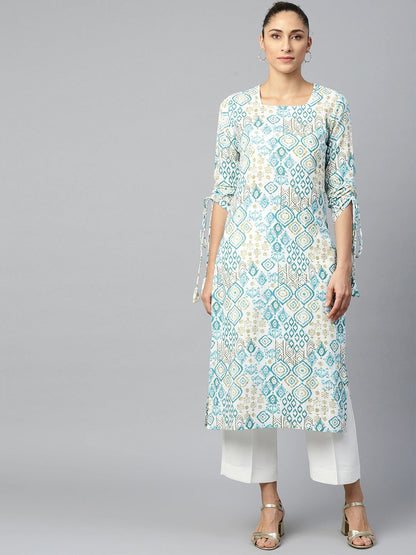 Women's White Calf Length Long Sleeves A-Line Quirky Printed Cotton Kurta