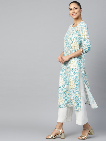 Women's White Calf Length Long Sleeves A-Line Quirky Printed Cotton Kurta