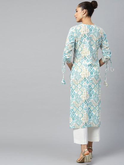 Women's White Calf Length Long Sleeves A-Line Quirky Printed Cotton Kurta