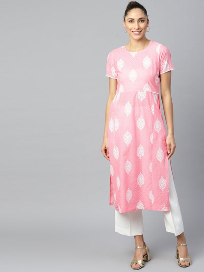 Women's Pink Calf Length Short Sleeves A-Line Ethnic Motifs Printed Cotton Kurta