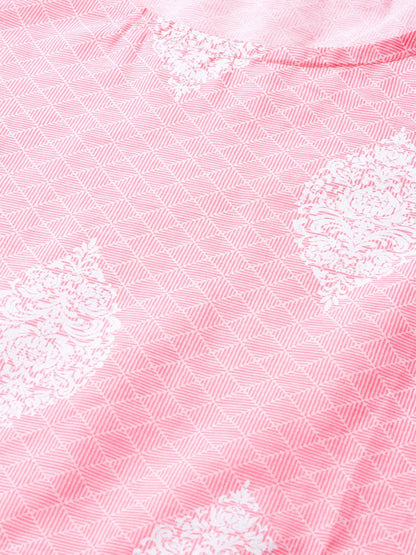 Women's Pink Calf Length Short Sleeves A-Line Ethnic Motifs Printed Cotton Kurta