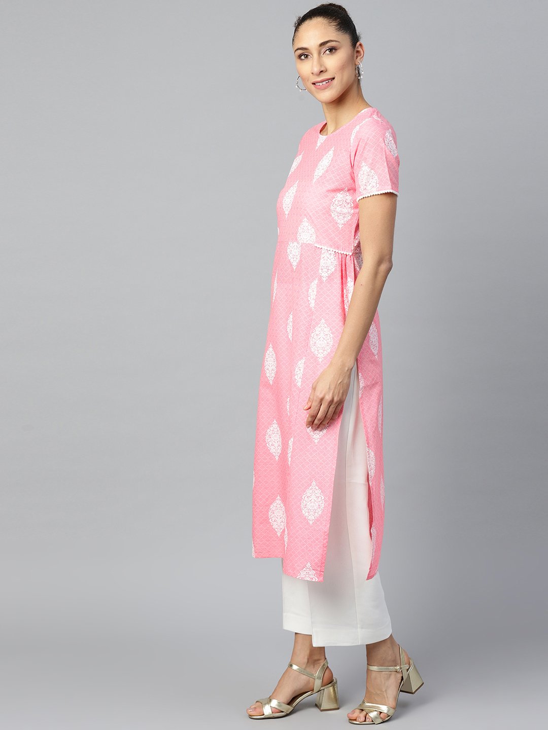 Women's Pink Calf Length Short Sleeves A-Line Ethnic Motifs Printed Cotton Kurta