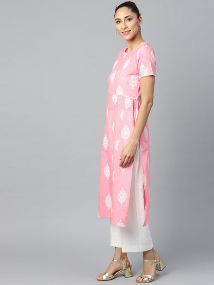 Women's Pink Calf Length Short Sleeves A-Line Ethnic Motifs Printed Cotton Kurta