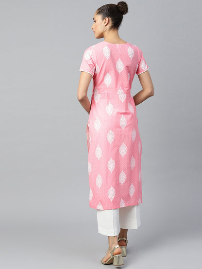 Women's Pink Calf Length Short Sleeves A-Line Ethnic Motifs Printed Cotton Kurta