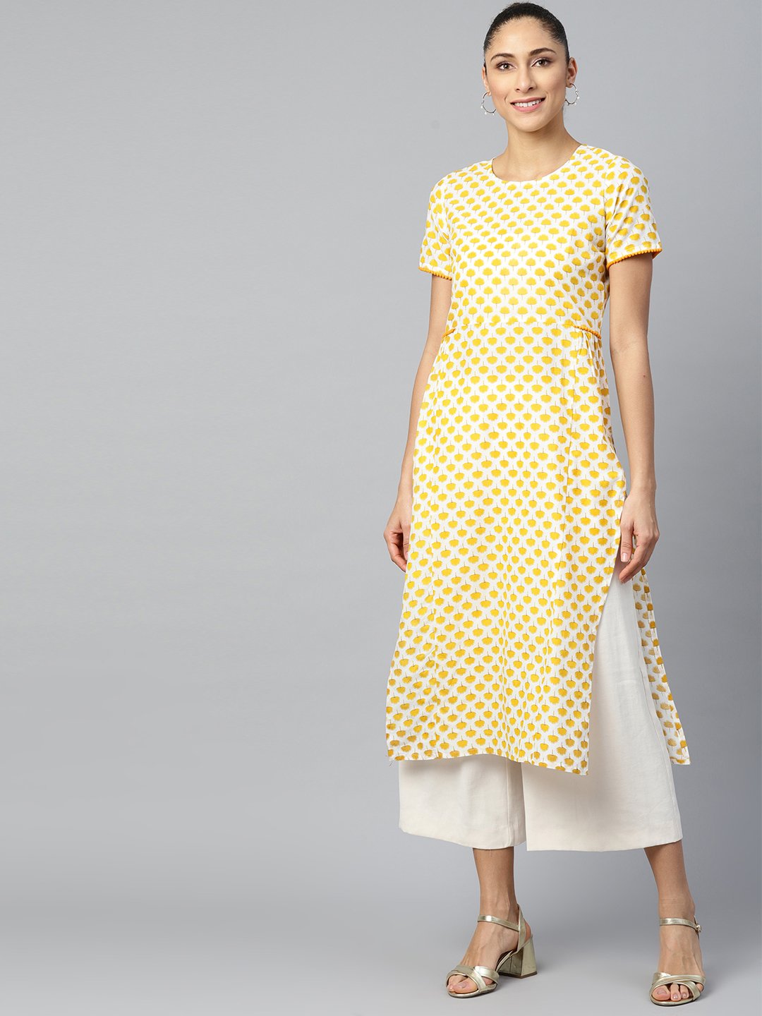 Women's Yellow Calf Length Short Sleeves A-Line Ethnic Motifs Printed Cotton Kurta