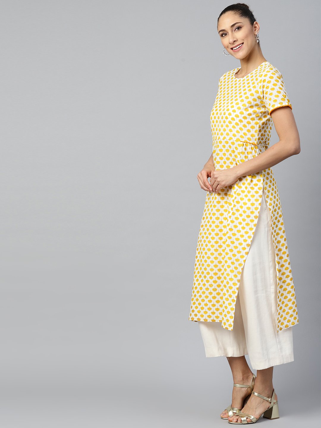 Women's Yellow Calf Length Short Sleeves A-Line Ethnic Motifs Printed Cotton Kurta