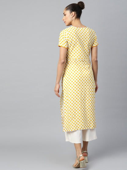 Women's Yellow Calf Length Short Sleeves A-Line Ethnic Motifs Printed Cotton Kurta