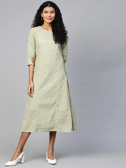 Women's Green Ethnic Motifs Printed A-Line Dress