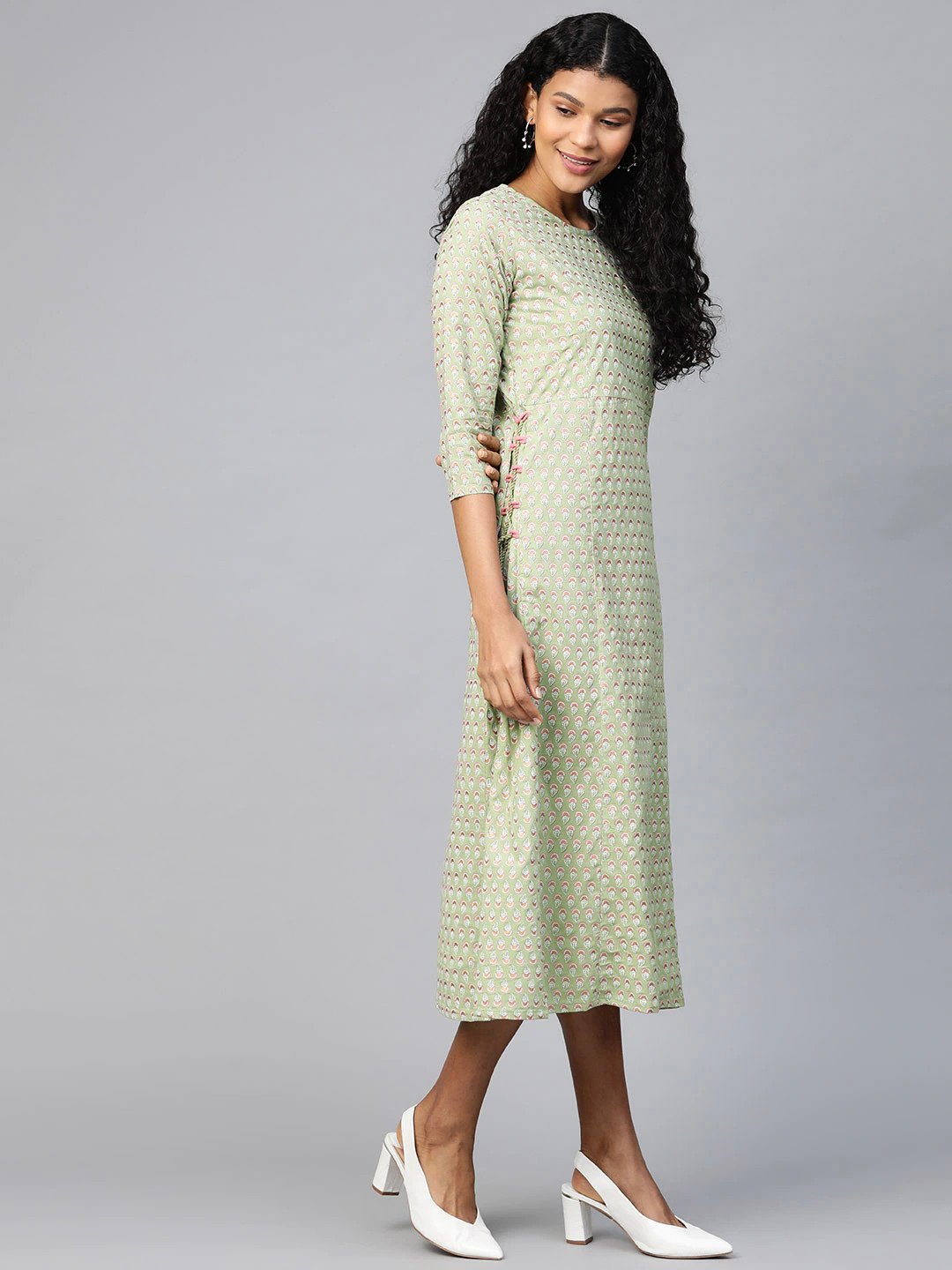 Women's Green Ethnic Motifs Printed A-Line Dress