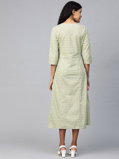 Women's Green Ethnic Motifs Printed A-Line Dress