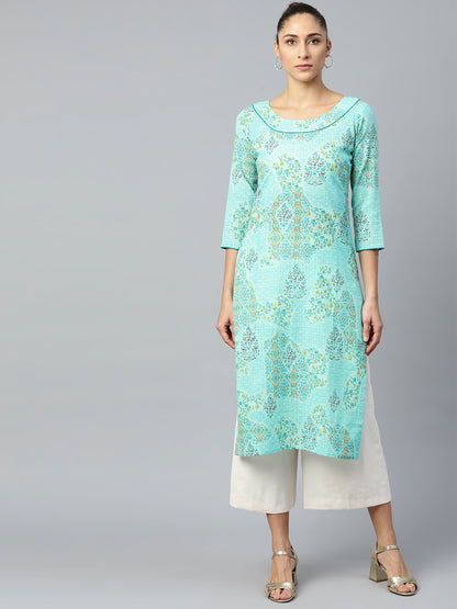 Women's Blue Calf Length Three-Quarter Sleeves Straight Floral Printed Cotton Kurta
