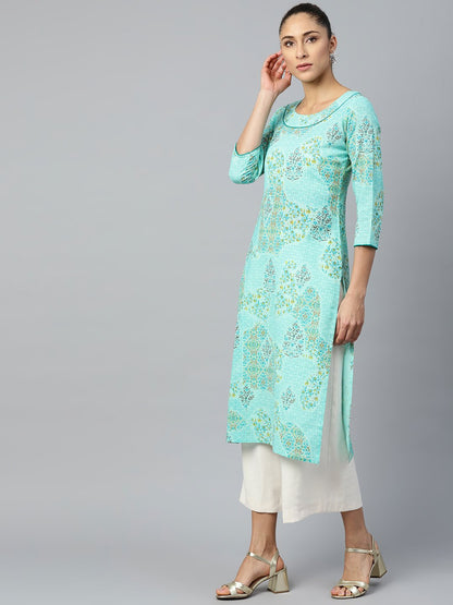 Women's Blue Calf Length Three-Quarter Sleeves Straight Floral Printed Cotton Kurta