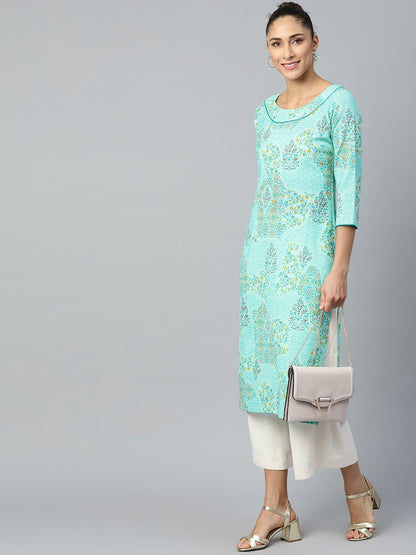 Women's Blue Calf Length Three-Quarter Sleeves Straight Floral Printed Cotton Kurta