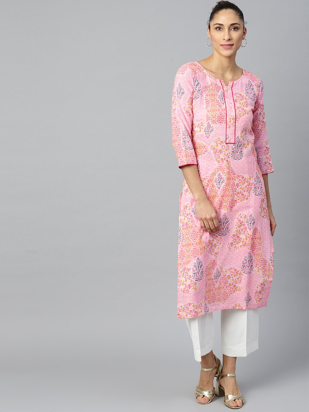 Women's Pink Calf Length Three-Quarter Sleeves Straight Floral Printed Cotton Kurta