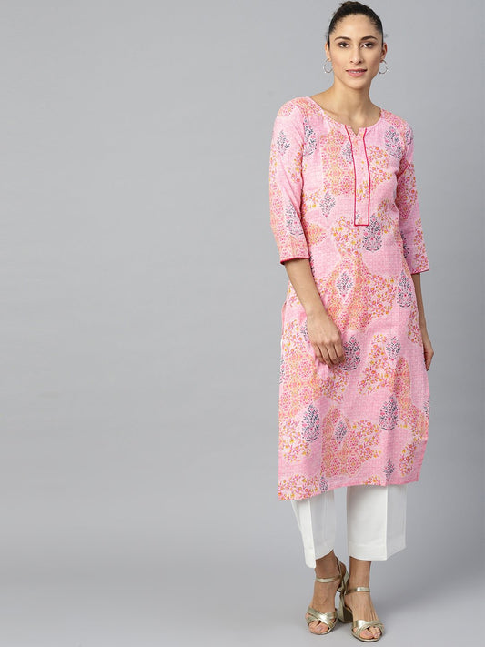 Women's Pink Calf Length Three-Quarter Sleeves Straight Floral Printed Cotton Kurta