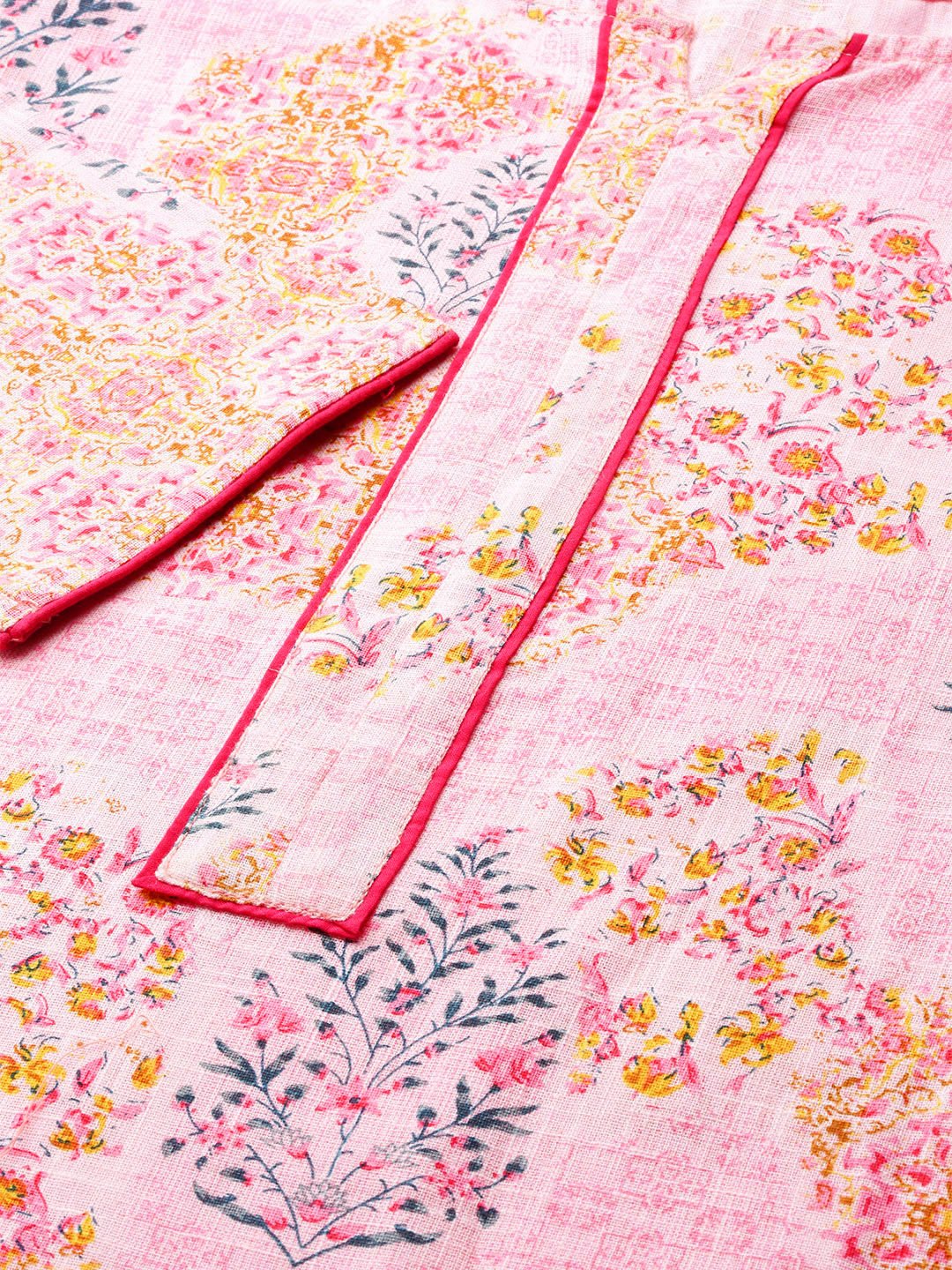 Women's Pink Calf Length Three-Quarter Sleeves Straight Floral Printed Cotton Kurta