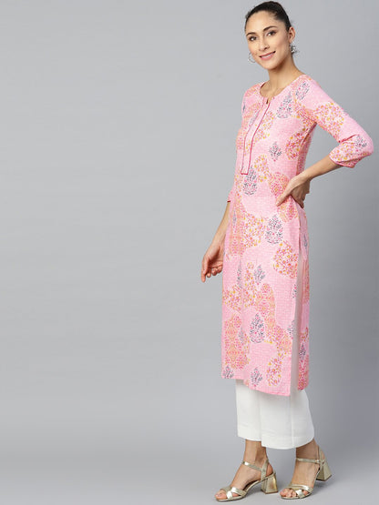 Women's Pink Calf Length Three-Quarter Sleeves Straight Floral Printed Cotton Kurta