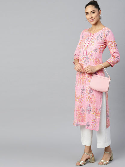 Women's Pink Calf Length Three-Quarter Sleeves Straight Floral Printed Cotton Kurta