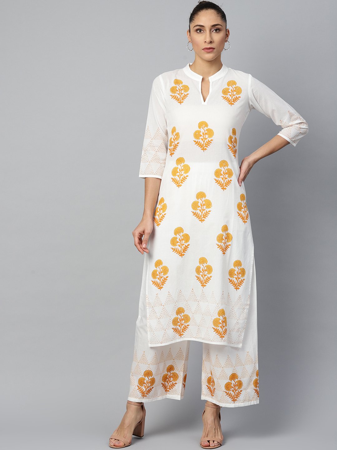 Women's White Three-Quarter Sleeves Straight Kurta With Palazzo Set