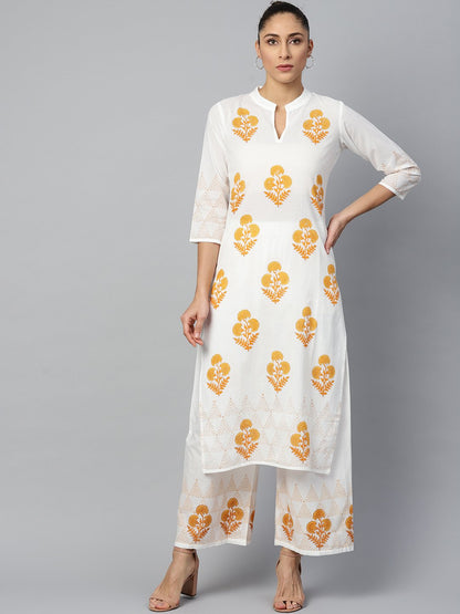 Women's White Three-Quarter Sleeves Straight Kurta With Palazzo Set