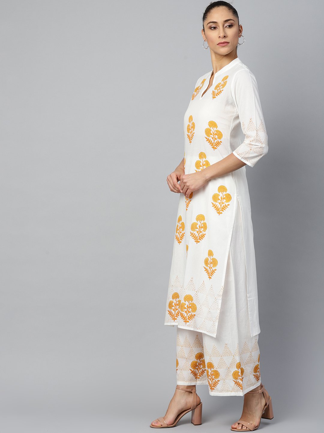 Women's White Three-Quarter Sleeves Straight Kurta With Palazzo Set