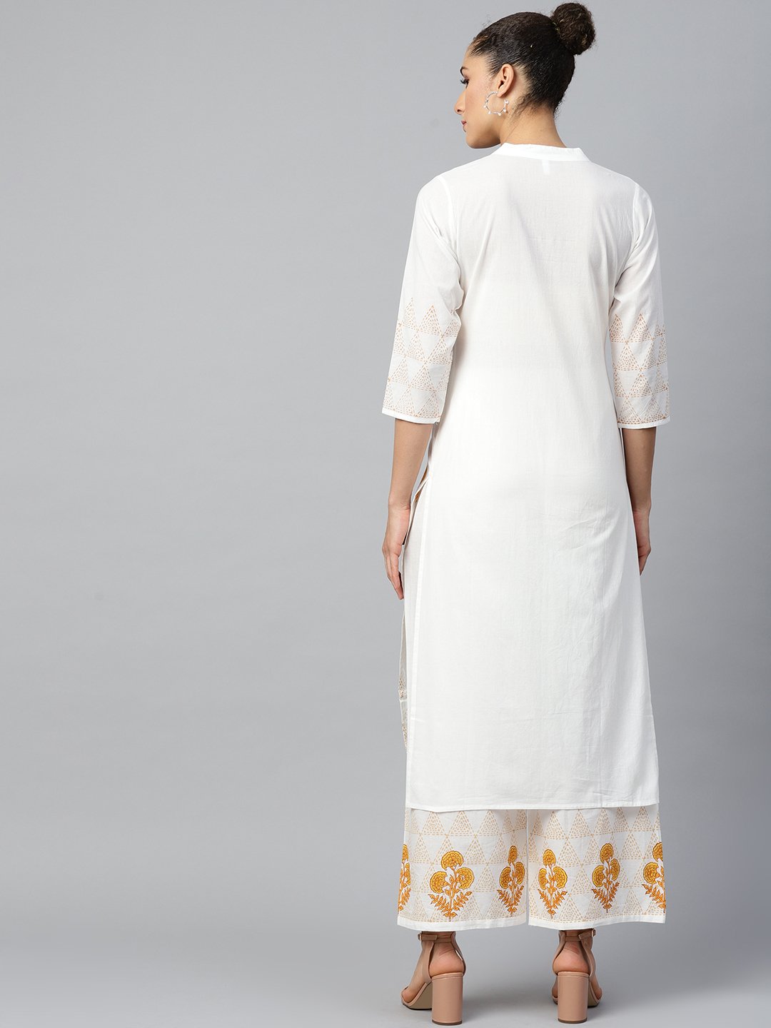 Women's White Three-Quarter Sleeves Straight Kurta With Palazzo Set