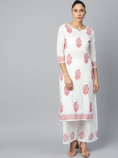 Women's White Three-Quarter Sleeves Straight Kurta With Palazzo Set