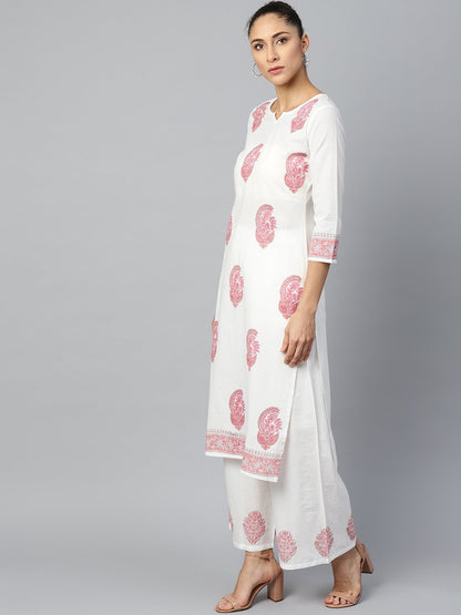 Women's White Three-Quarter Sleeves Straight Kurta With Palazzo Set