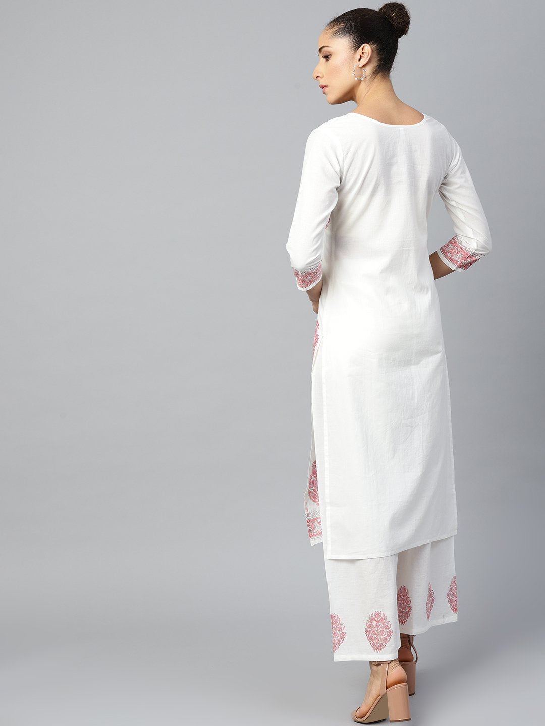 Women's White Three-Quarter Sleeves Straight Kurta With Palazzo Set