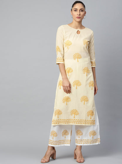 Women's White Three-Quarter Sleeves Straight Kurta With Palazzo Set