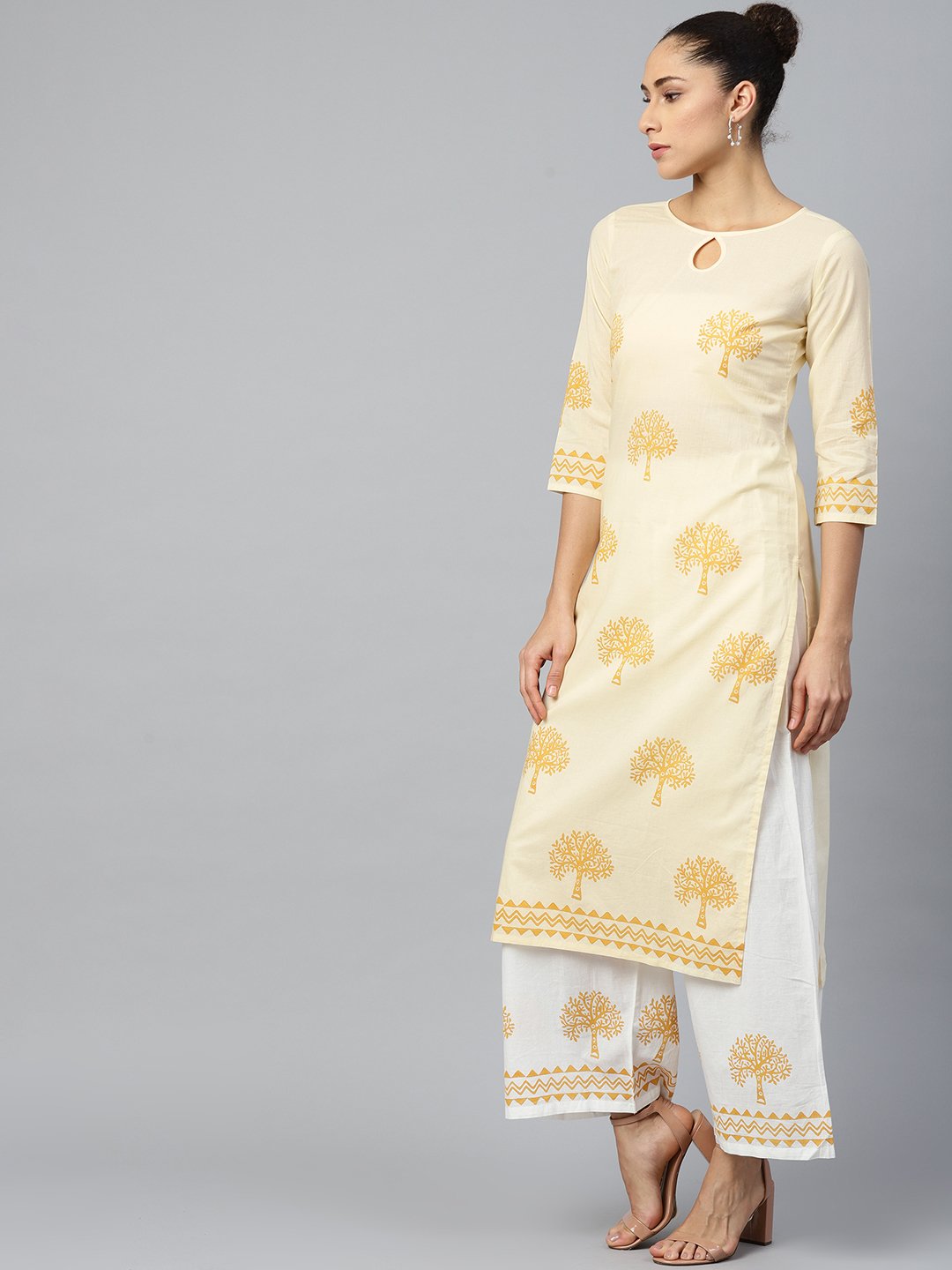 Women's White Three-Quarter Sleeves Straight Kurta With Palazzo Set