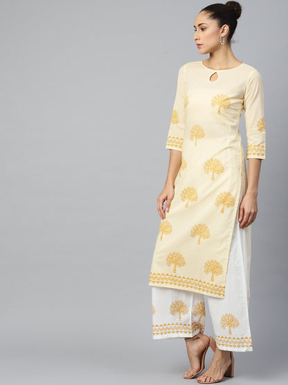 Women's White Three-Quarter Sleeves Straight Kurta With Palazzo Set