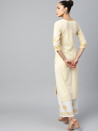 Women's White Three-Quarter Sleeves Straight Kurta With Palazzo Set