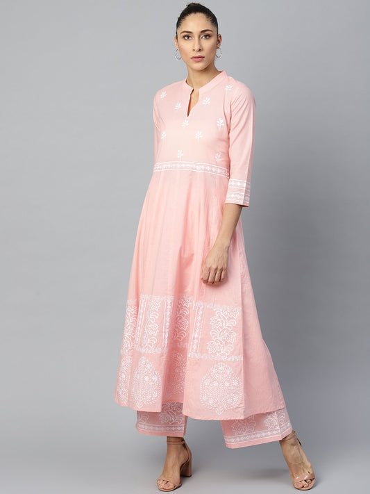 Women's Pink Three-Quarter Sleeves Flared Kurta With Palazzo Set