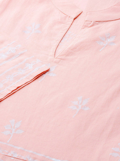 Women's Pink Three-Quarter Sleeves Flared Kurta With Palazzo Set