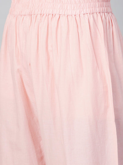 Women's Pink Three-Quarter Sleeves Flared Kurta With Palazzo Set