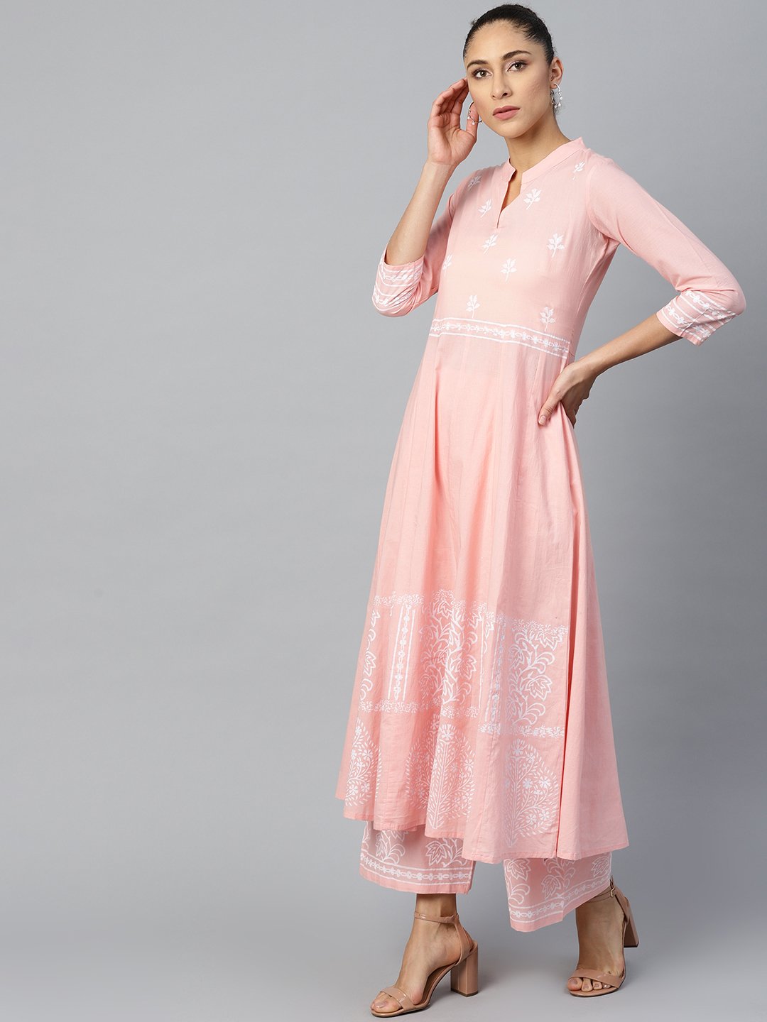 Women's Pink Three-Quarter Sleeves Flared Kurta With Palazzo Set